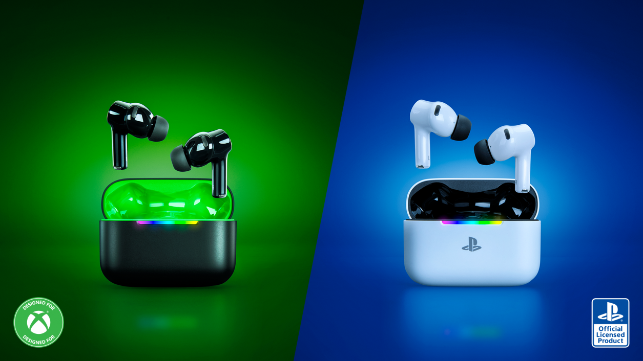 Razer Hammerhead V3 X HyperSpeed Xbox and PlayStation earbuds beside their charging cases.