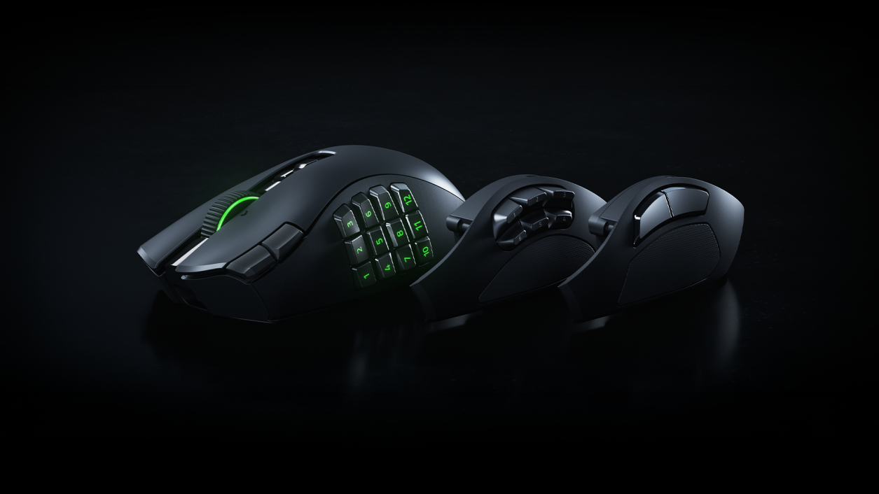 Razer Naga V3 Pro shown with its interchangeable two, six and twelve-button side plates.